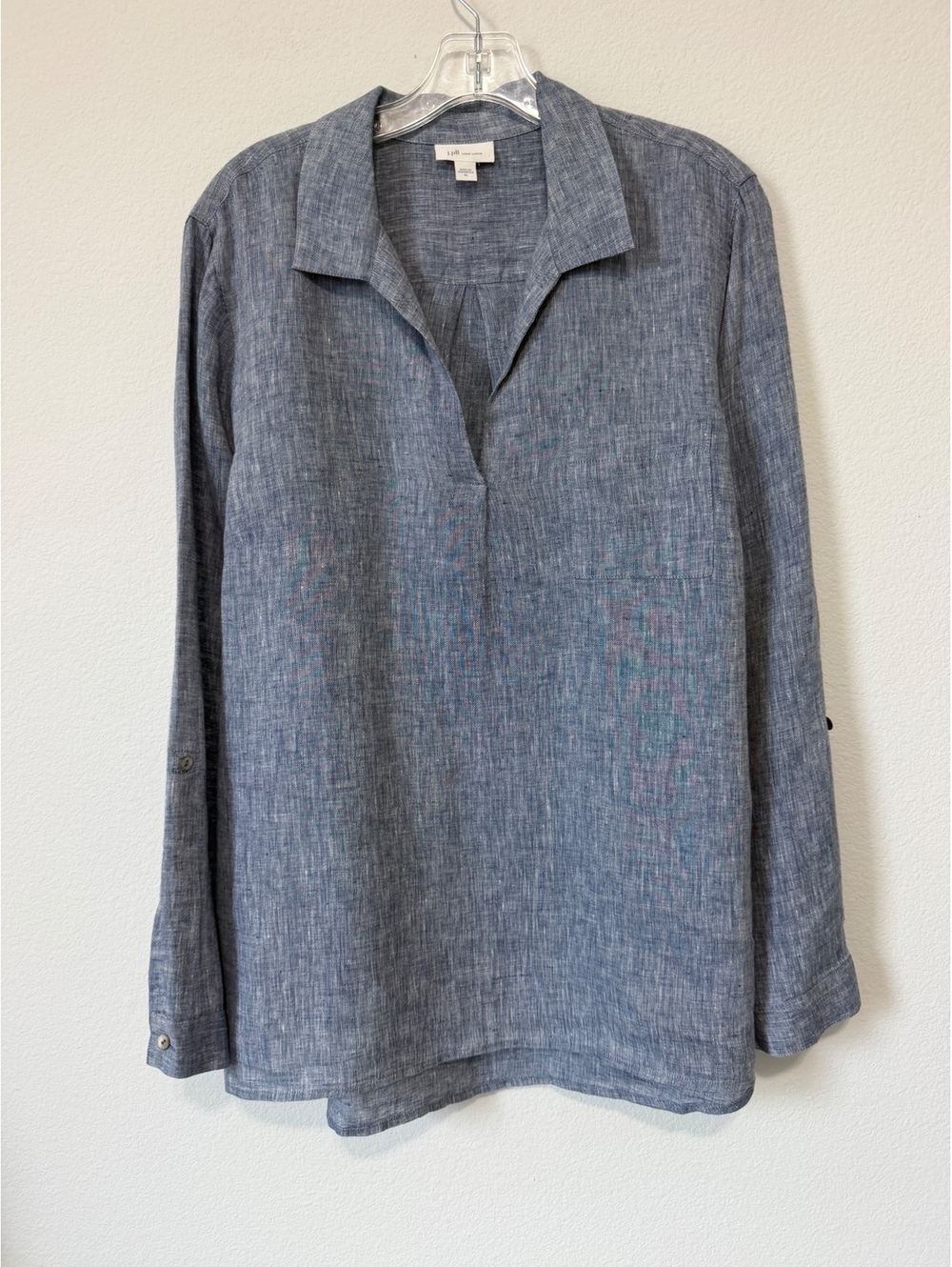 J. Jill 100% Linen Blue Long Sleeve Collared Split V-Neck Popover Shirt Size XL